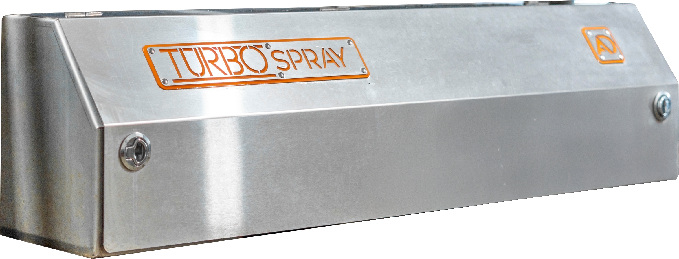 Metal industrial turbo spray machine with an orange label that reads 'Turbo Spray' and a small safety or logo sticker on the side.