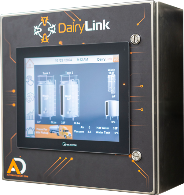 A DairyLink control panel by Weintek displaying milk tank levels, temperature, and system status at 9:12 AM on October 23, 2024.