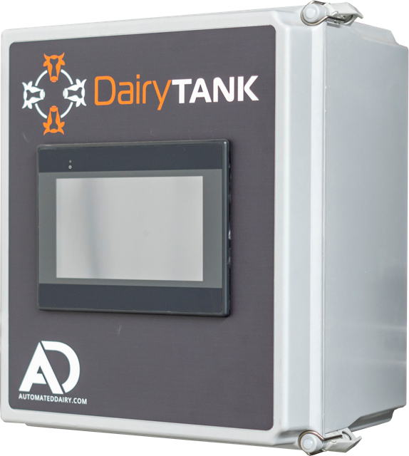 Automated dairy milk dispensing and testing machine with a digital screen, branded DairyTANK, by Automated Dairy.