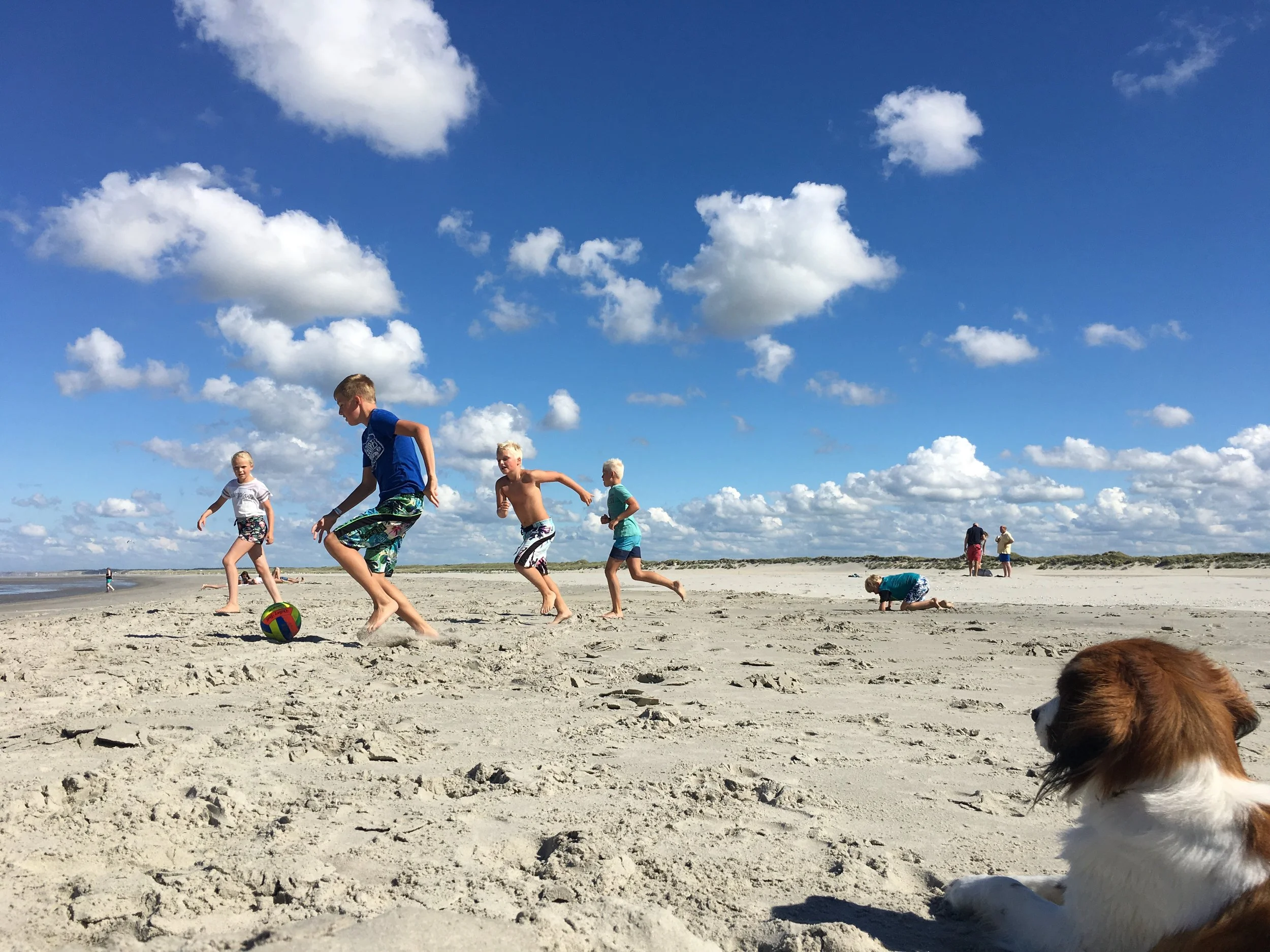 Kinderen voetballen met de hond op het strand van Ameland