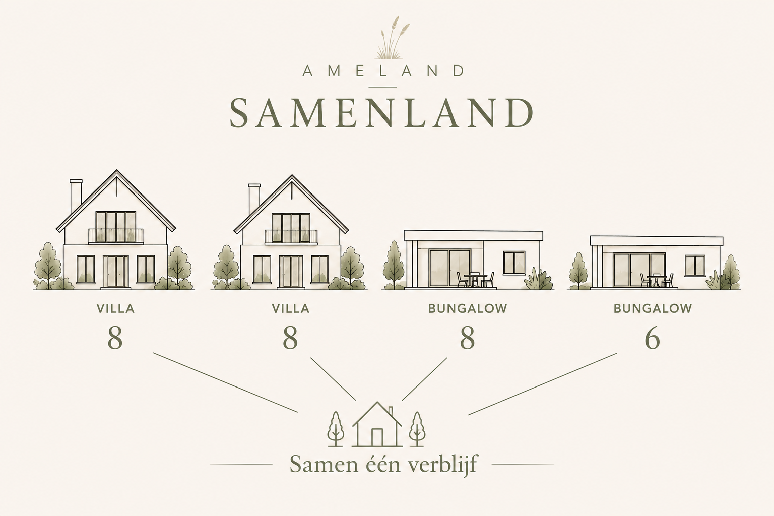 Schema van Ameland Samenland: twee villa's voor 8 personen en twee bungalows voor 8 en 6 personen vormen samen een verblijf in Ballum