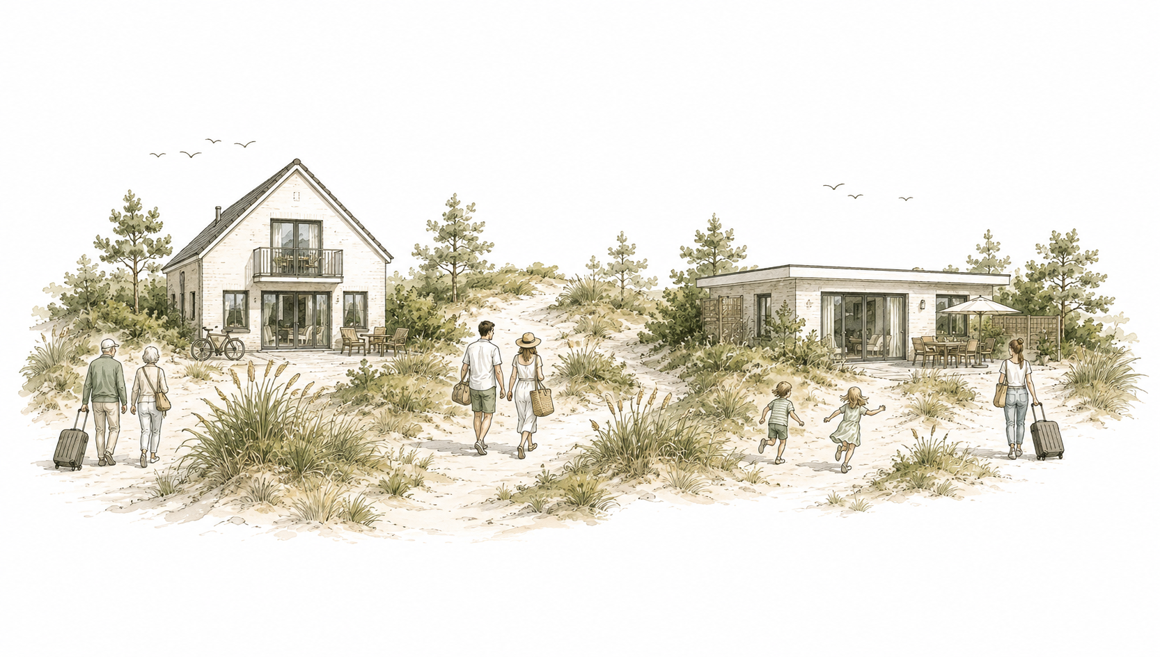 Tekening van gasten die met koffers aankomen bij een vakantiehuis in de duinen op Ameland