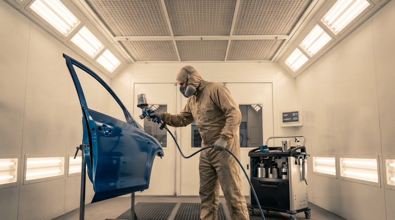 A person wearing protective gear, including a mask and gloves, spray paints a car door in a controlled environment with bright lighting.