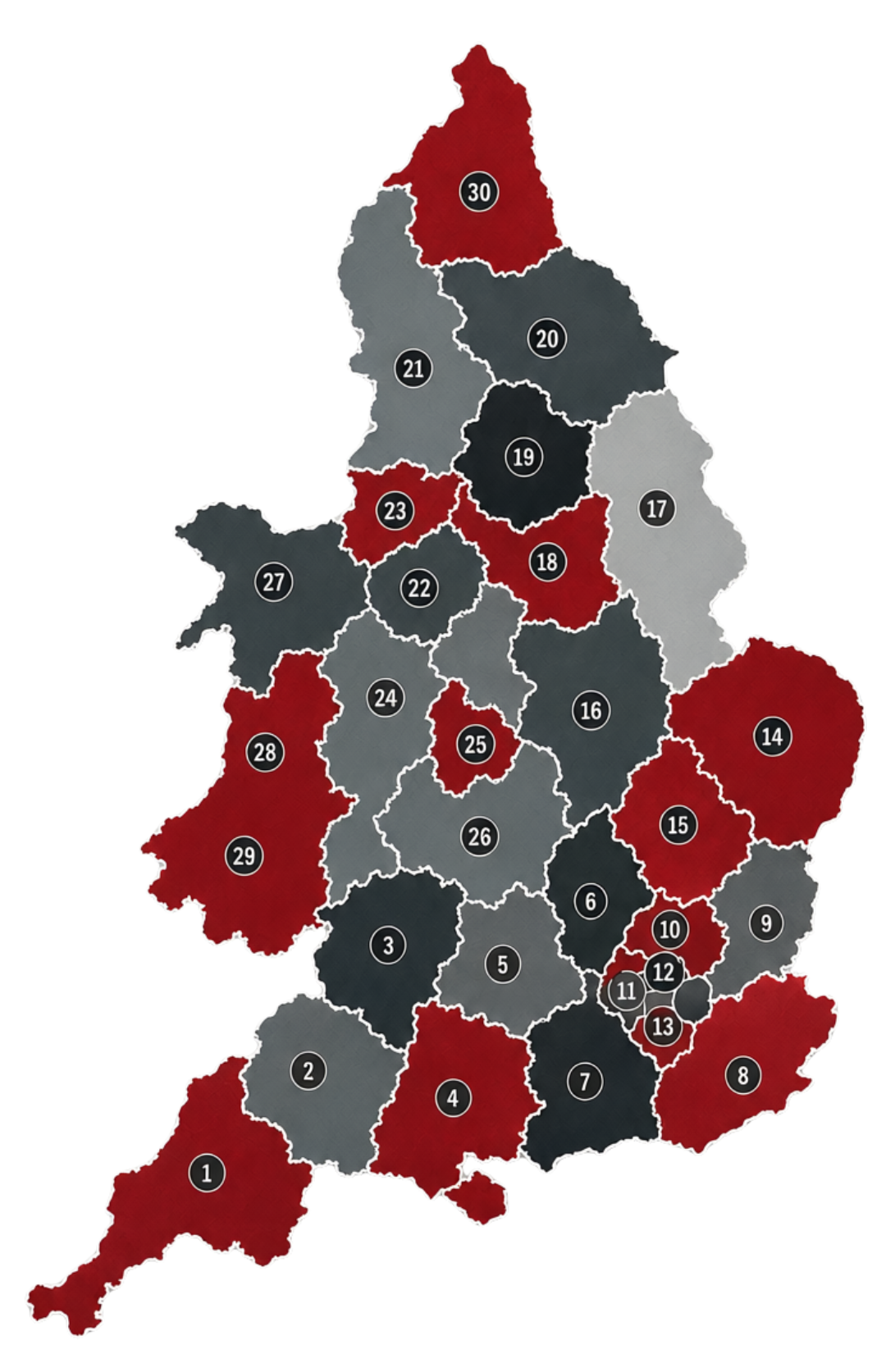 Map of the United Kingdom with counties numbered and color-coded in red, black, and gray.