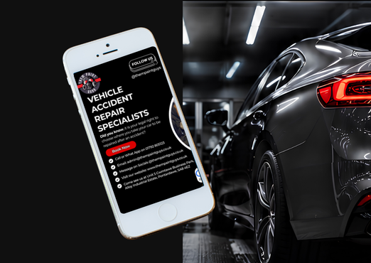 Smartphone showing a vehicle accident repair app next to a black car parked in a garage.