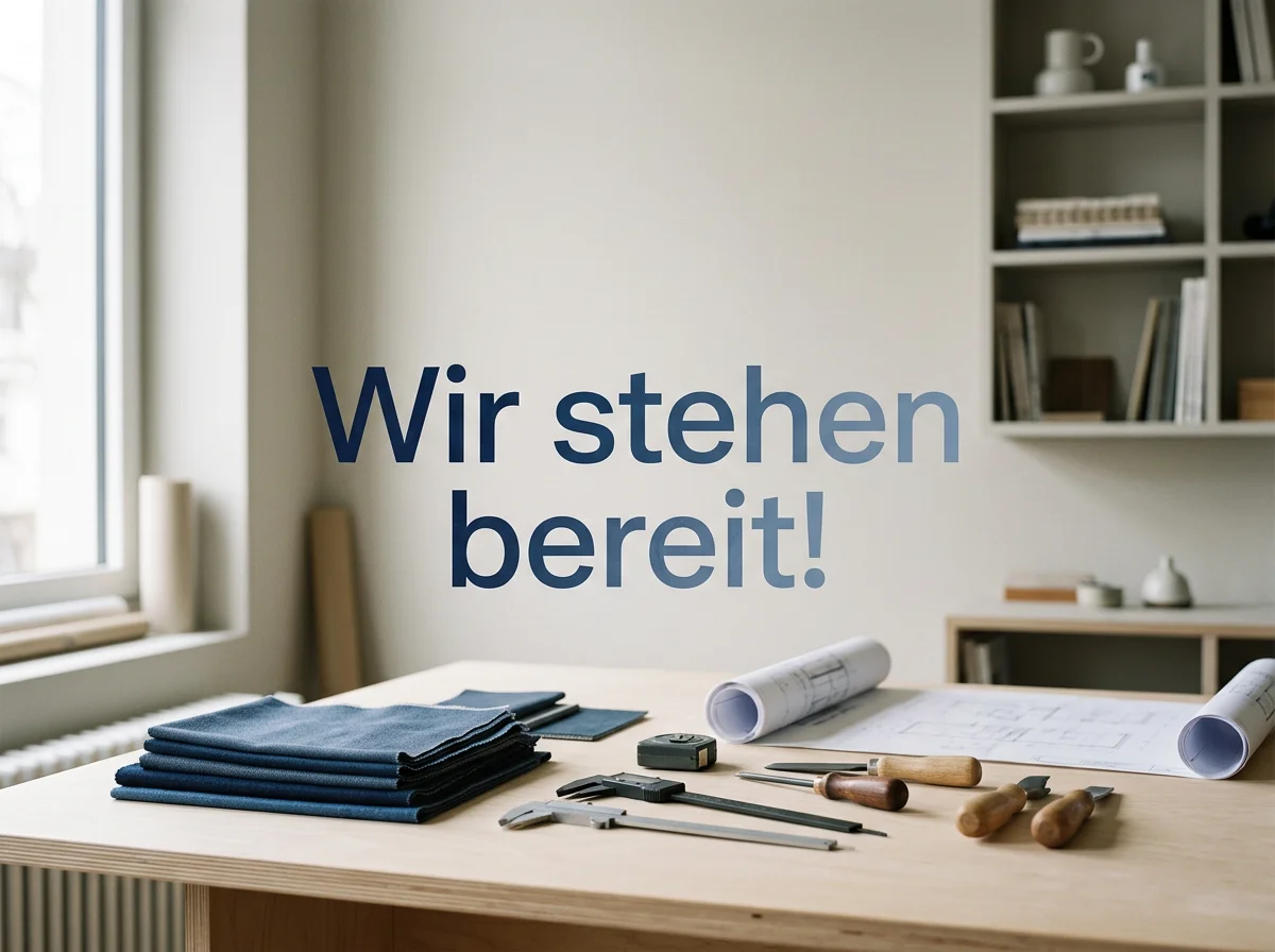 Ein Schreibtisch mit Werkzeugen, Stoffmustern, und Bauplänen, mit dem Text 'Wir stehen bereit!' auf einer Wand im Hintergrund.