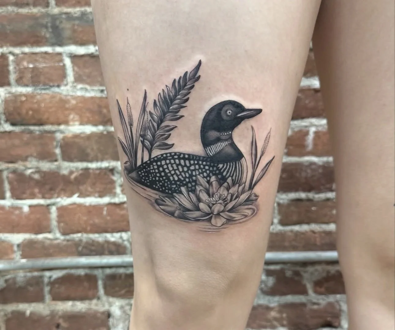 Black and gray tattoo of a loon bird surrounded by leaves and a flower on a person's thigh, set against a brick wall background.