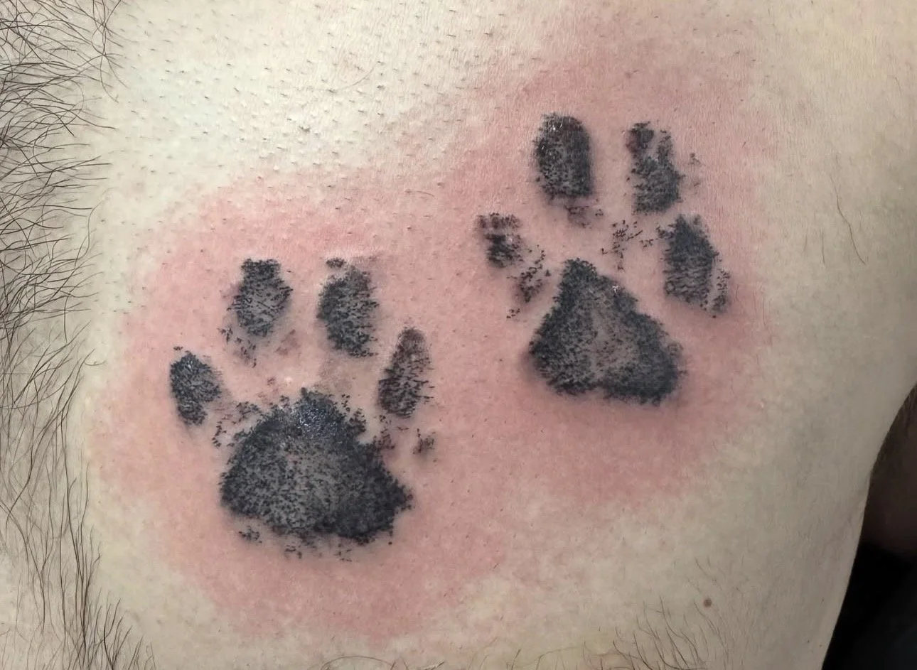 Tattoo of two black paw prints on skin.