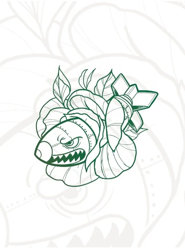 Line drawing of a cartoon fish with a fierce expression, sharp teeth, and an eye patch, surrounded by large leaves and a geometric shape.
