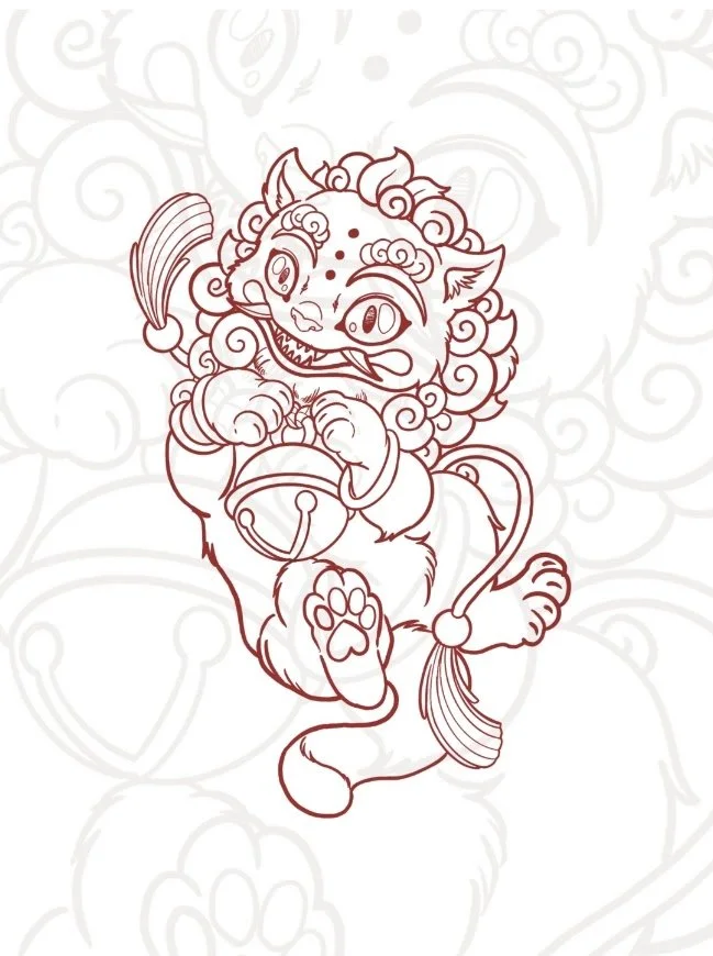 A drawing of a Chinese lion dance mascot holding a bell  with a background of swirling clouds.