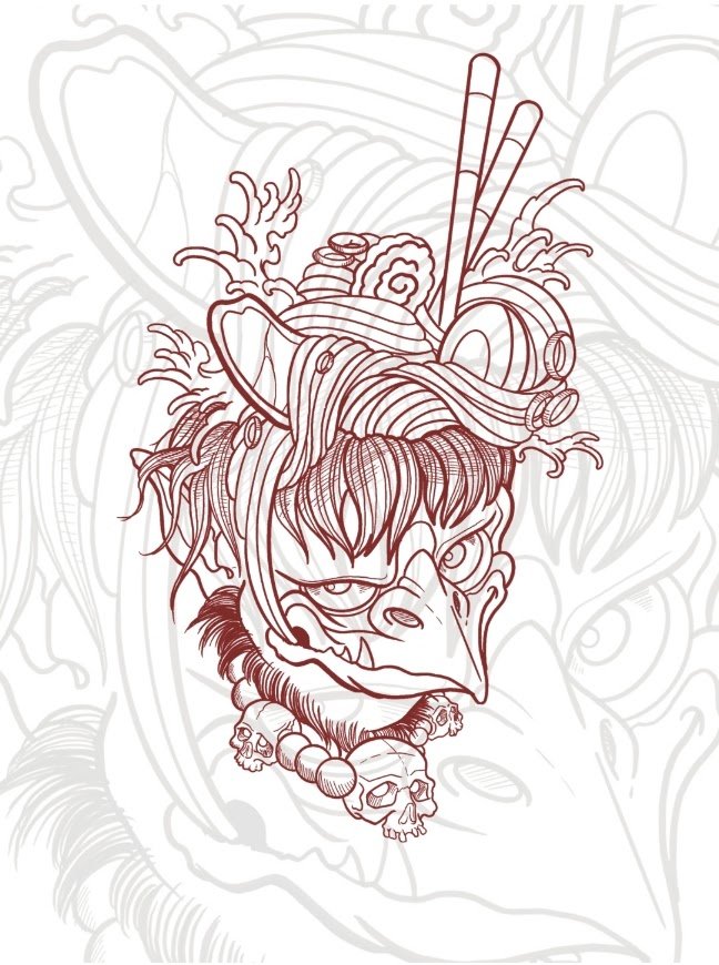 Line drawing of a kappa  adorned with chopsticks, a skull necklace, and styled hair.