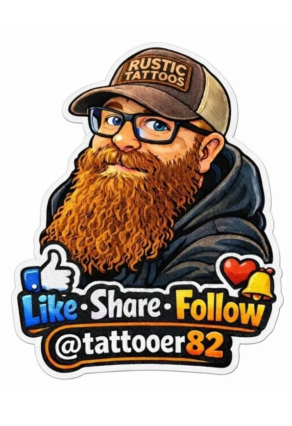 A sticker of a bearded man wearing glasses, a cap with 'Rustic Tattoos' written on it, and a hoodie. The sticker includes social media instructions to like, share, and follow @tattooer82, with icons representing each action.