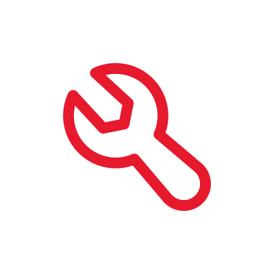 Red wrench icon on a black background.