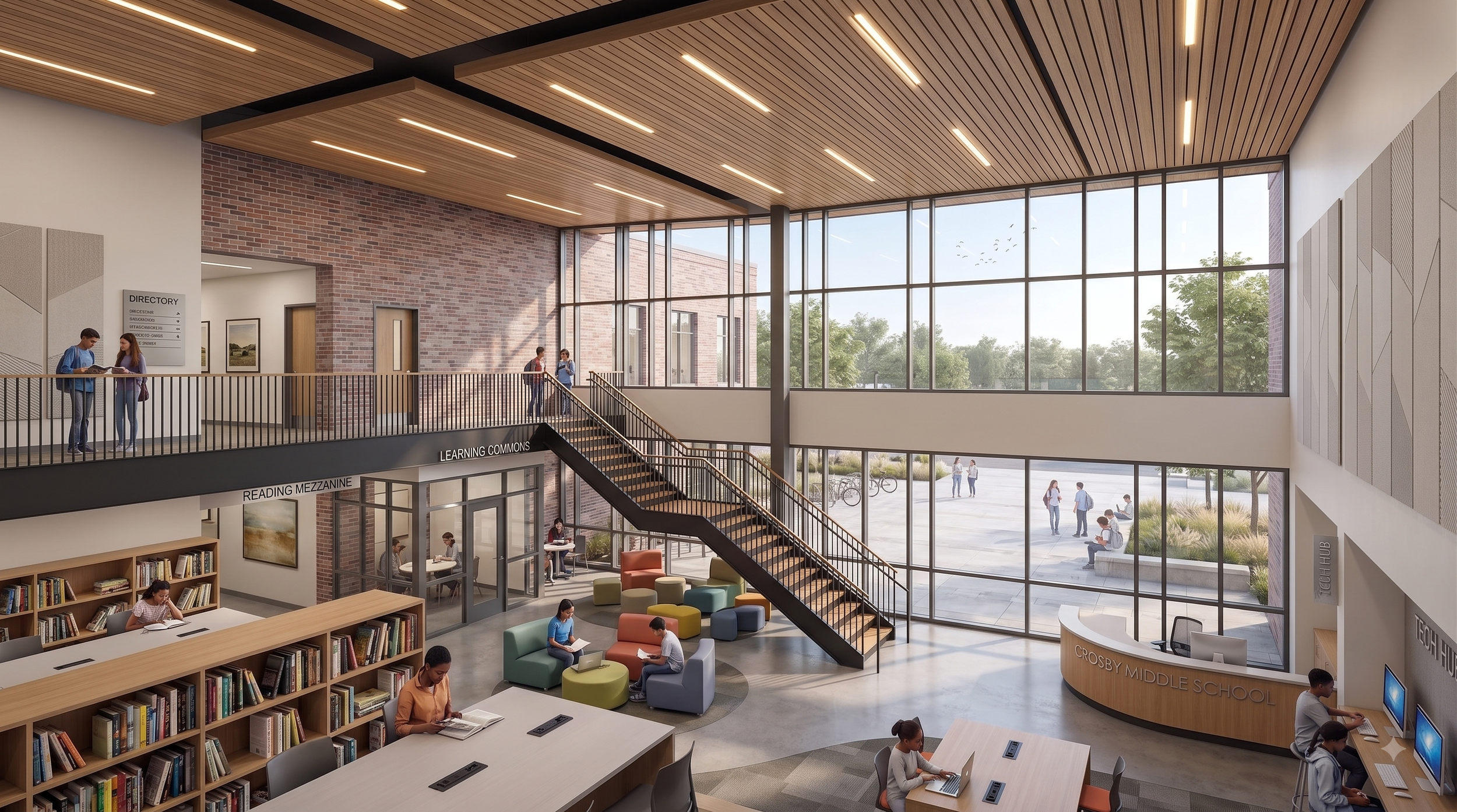 This is a conceptual rendering for a middle school library space. Final design, materials, and details may vary.