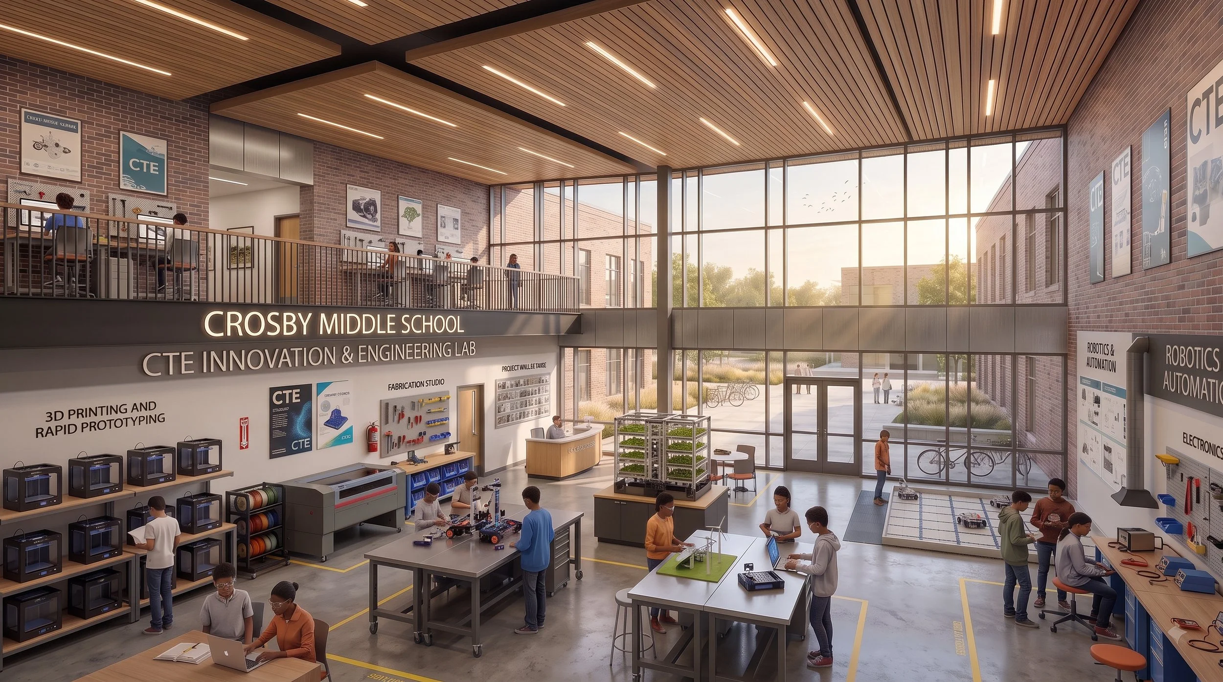 This is a conceptual rendering for a middle school Career and Technical Education (CTE) space. Final design, materials, and details may vary.