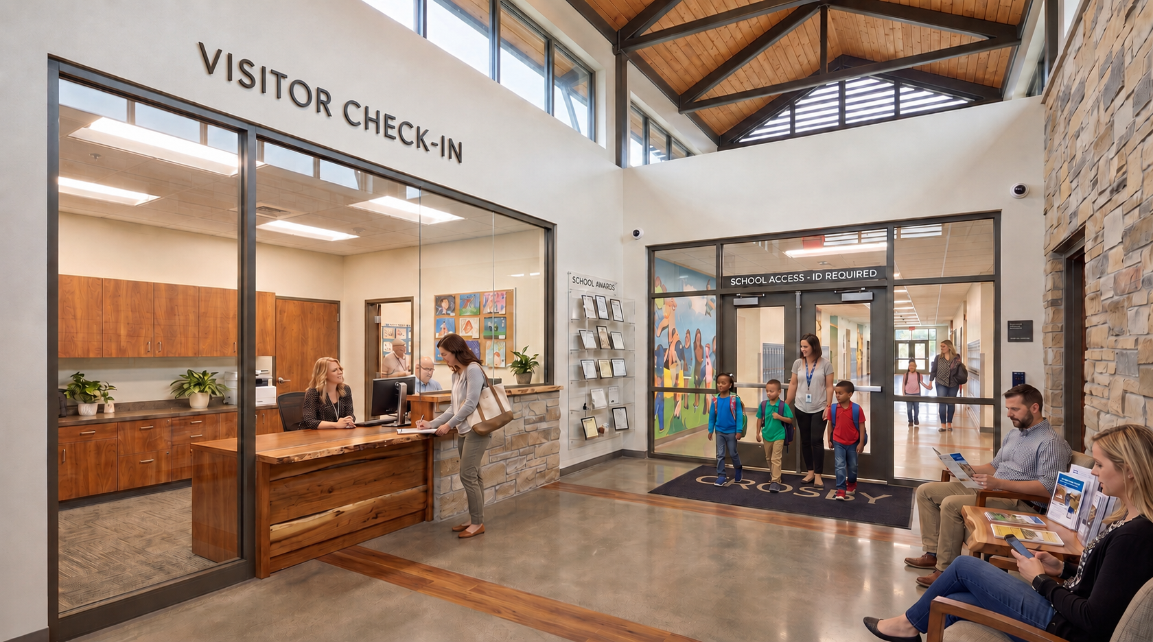 This is a conceptual rendering for an elementary school security vestibule front entrance. Final design, materials, and details may vary.