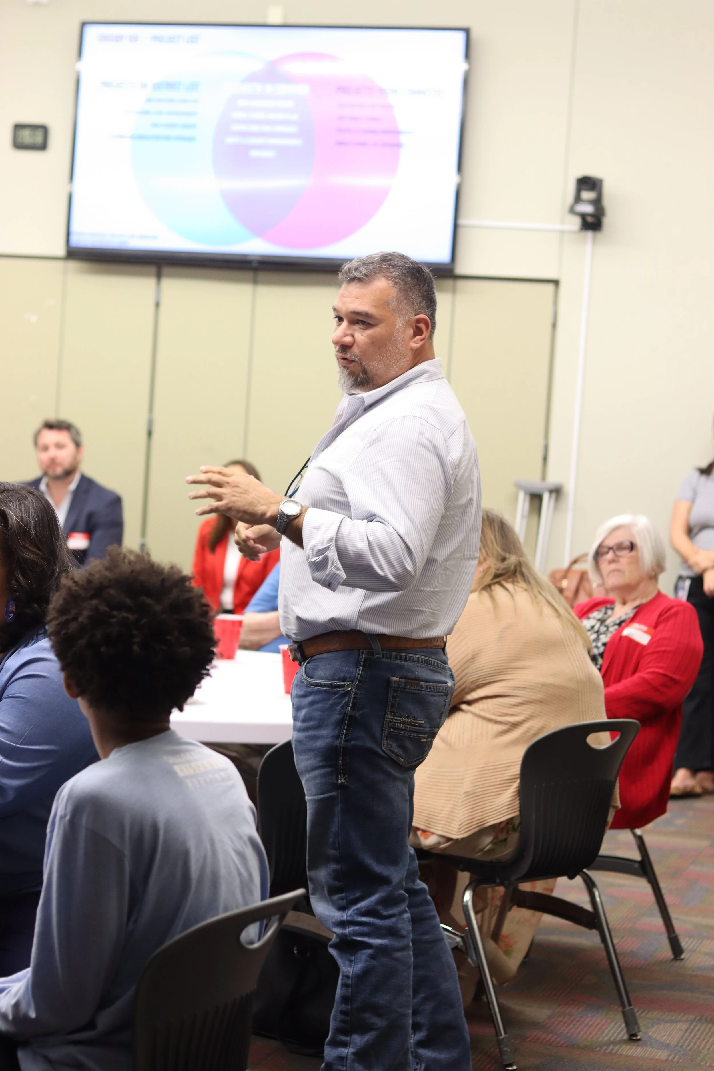 A man in a light gray shirt and jeans is speaking to a group of people in a conference room. Behind him, there is a large screen displaying a colorful Venn diagram. The audience includes men and women sitting on black chairs, listening attentively.