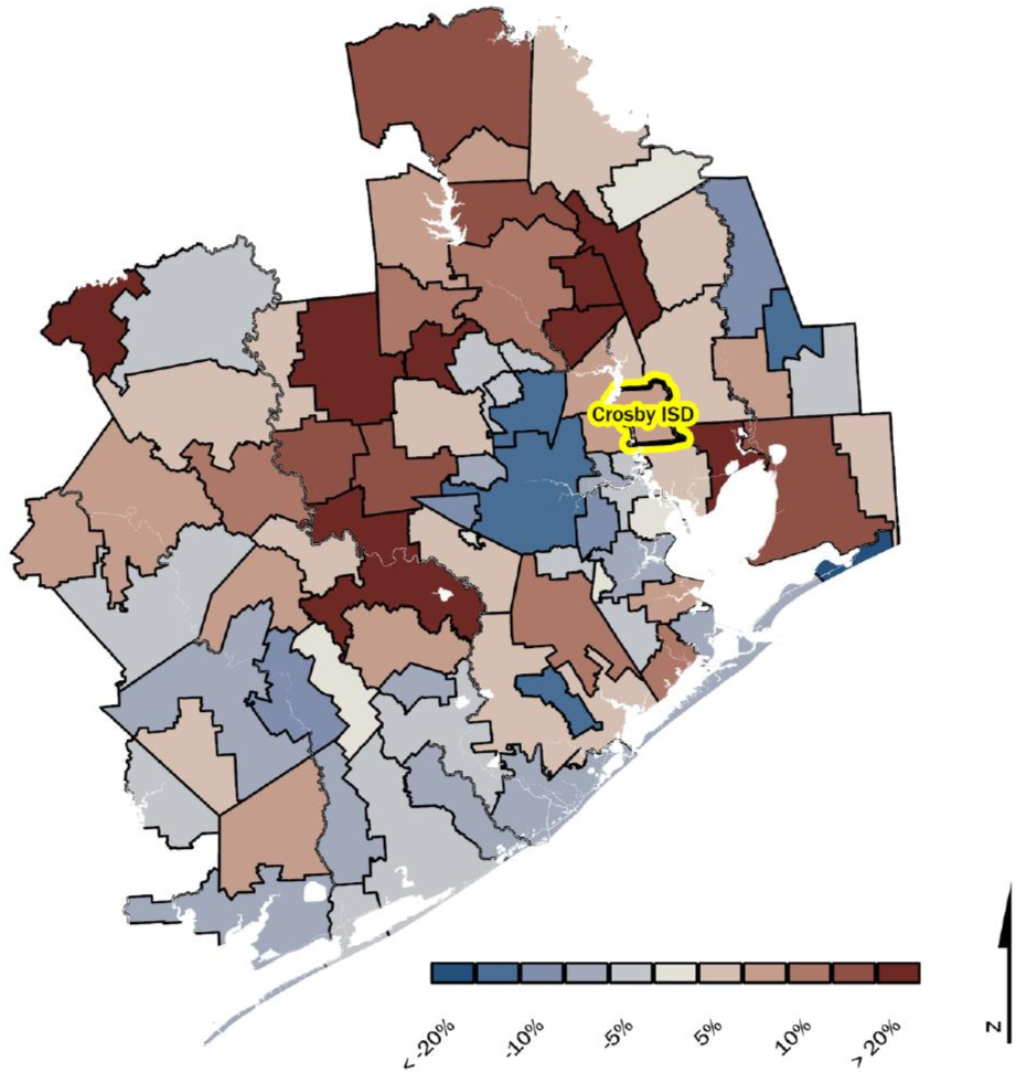 Color-coded map of counties in New York, showing election voting patterns with Democratic-leaning counties in blue and Republican-leaning counties in red. The county of Crosby ISD is highlighted with a yellow outline and label.
