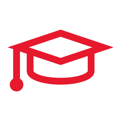 Red graduation cap icon on a black background.