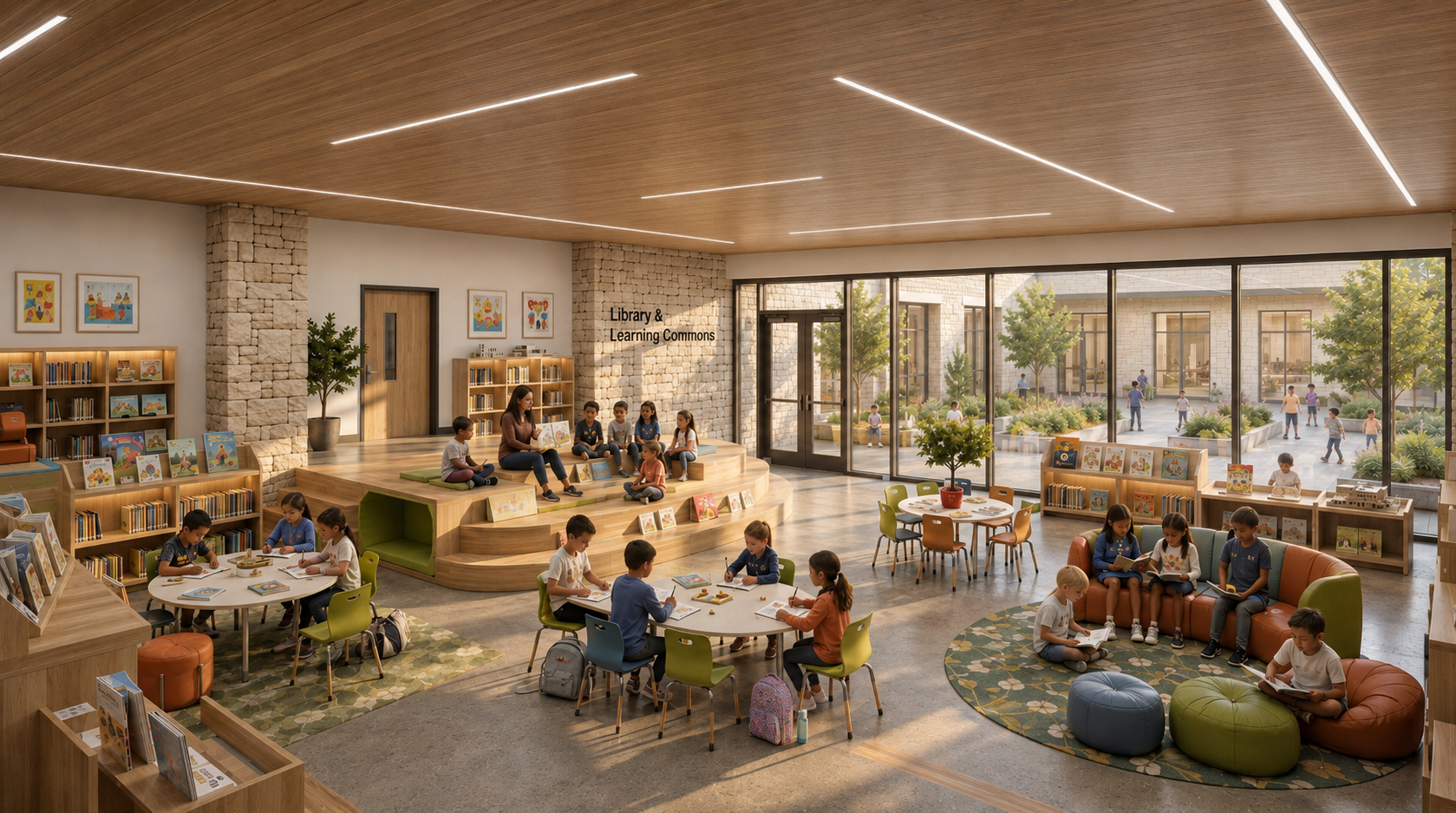 This is a conceptual rendering for an elementary school library space. Final design, materials, and details may vary.