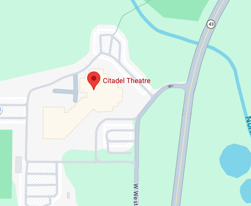 Map showing the location of Citadel Theatre near Highway 43 with surrounding roads, a small water body, and green areas.