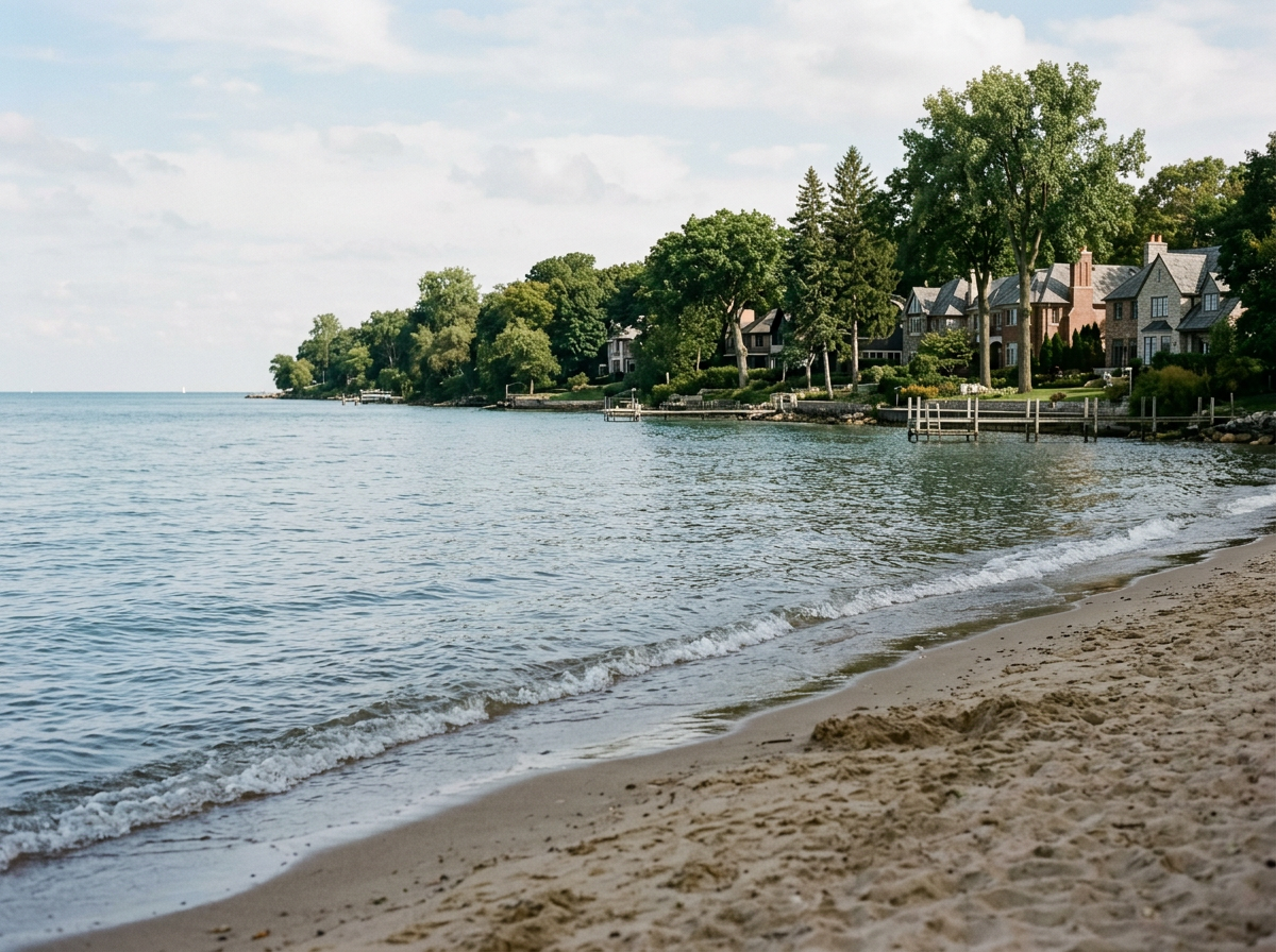 A peaceful lakeside scene with sandy beach in the foreground, calm water and a line of houses with yards and trees along the shoreline in the background, under a partly cloudy sky.