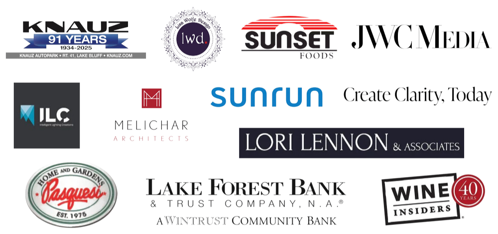 A collage of various business and organization logos, including Knauz Auto Park, Lake Wolfe Designs, Sunset Foods, JWC Media, IL Lighting Concepts, Melihar Architects, Lori Lennon & Associates, Basque's Home and Gardens, Lake Forest Bank, Wintrust Community Bank, and Wine Insiders.