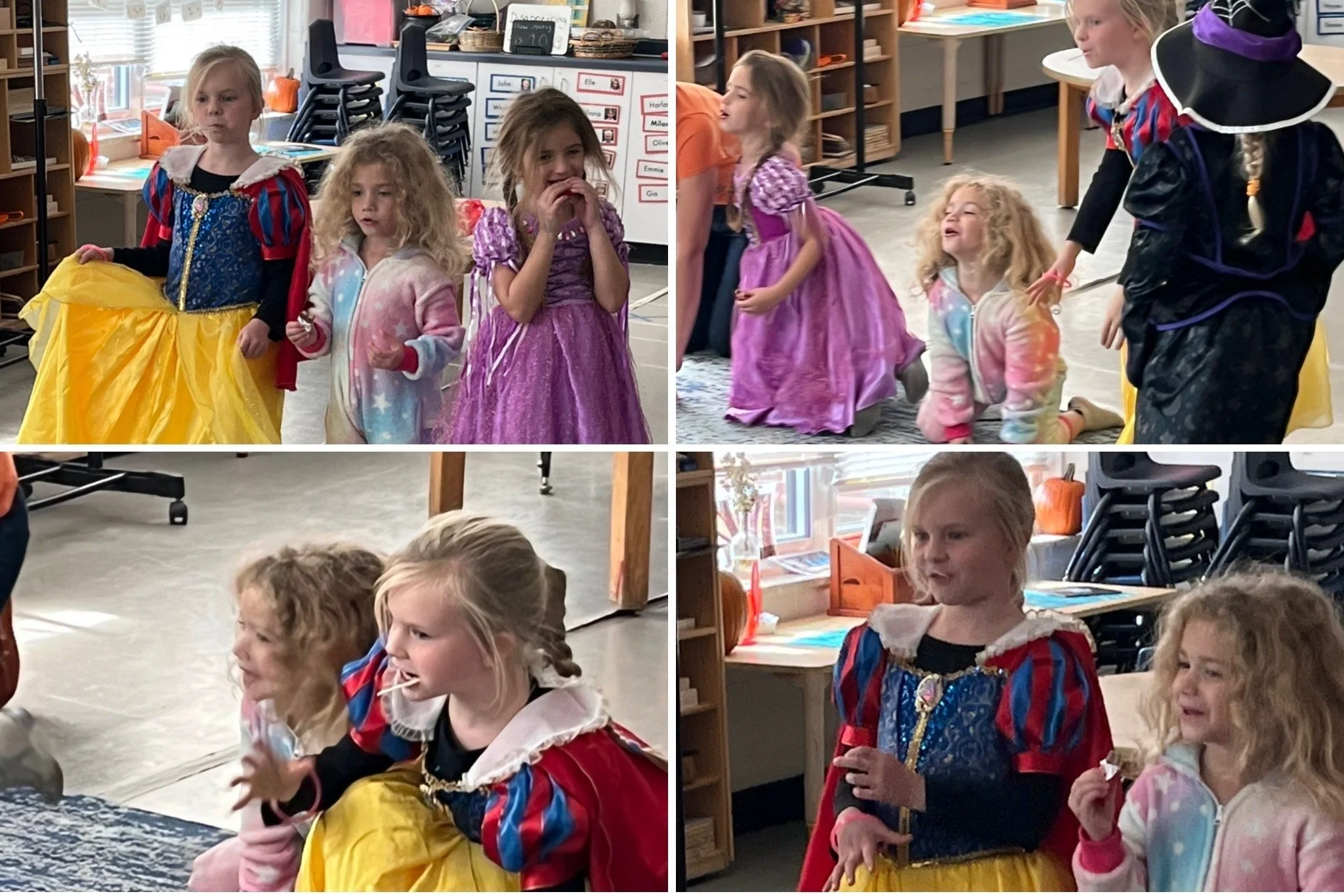 Children dressed as fairy tale princesses and characters in a classroom or indoor play area, some standing and some sitting, with shelves and colorful decor in the background.
