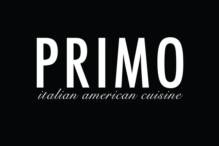 Primo Italian American Cuisine logo with black background and white text