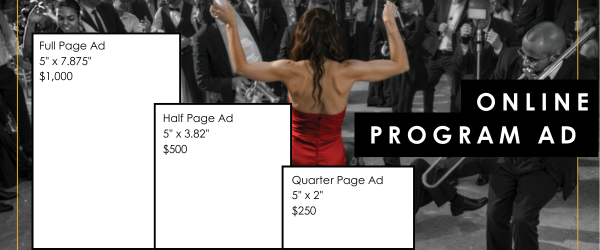 Comparison of ad sizes including full page, half page, and quarter page, with prices listed, over a background of a woman with her arms raised in front of a group of people.