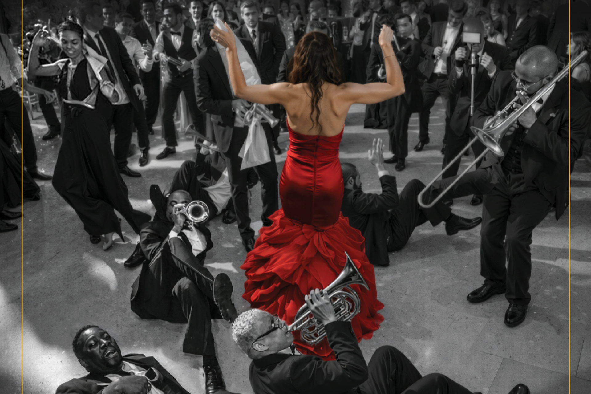 A woman in a red dress with her back to the camera is dancing on a pile of men in tuxedos at a lively party. The scene is black and white except for the woman and some instruments.