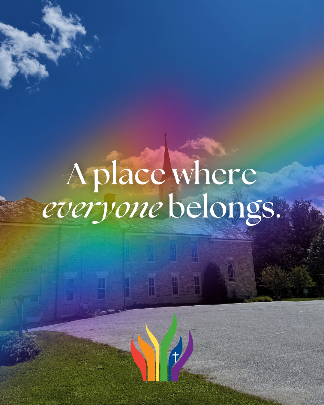 A church building with a steeple, under a rainbow sky and few clouds, with colorful religious symbols at the bottom and the words 'A place where everyone belongs' overlaid.