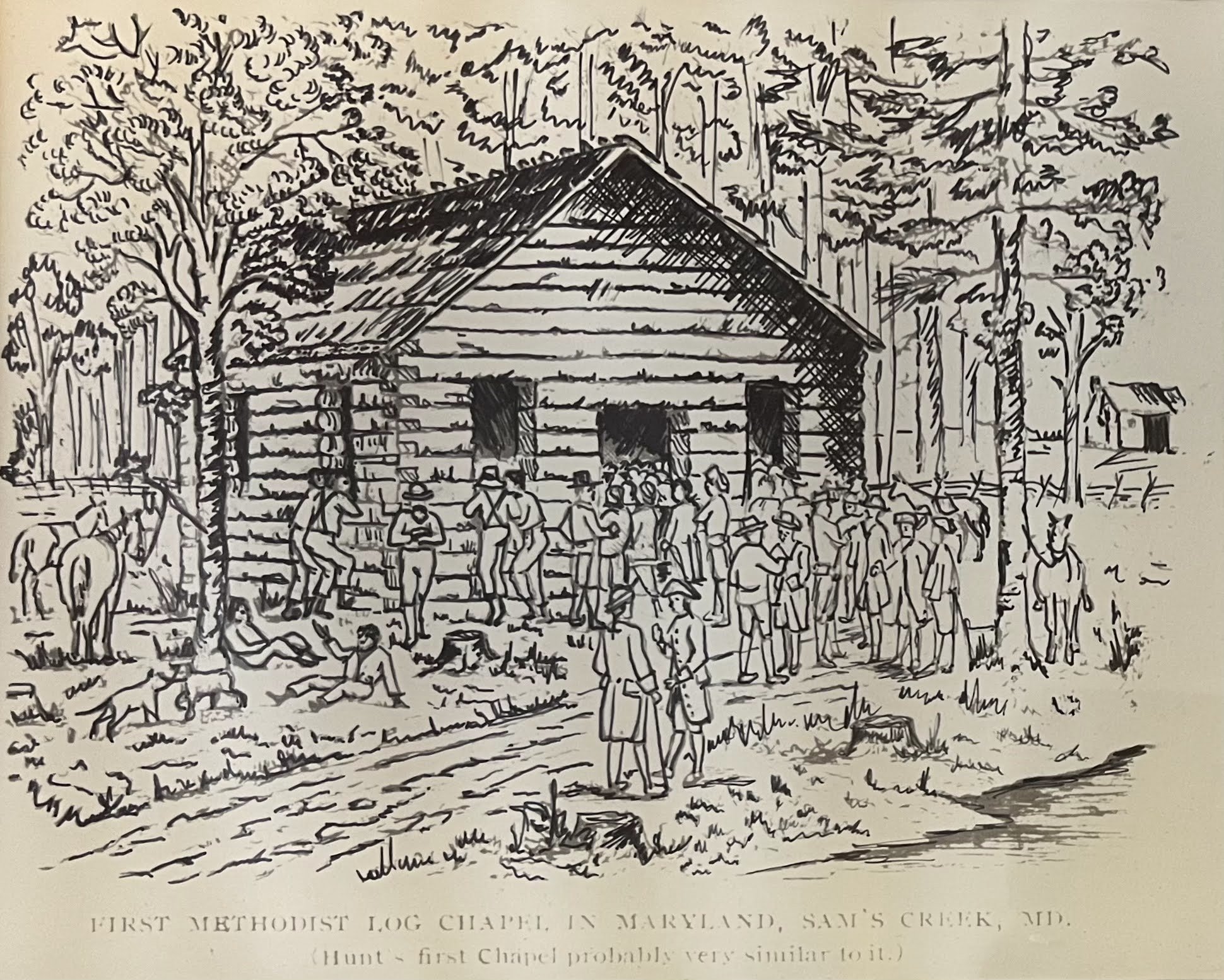 A black and white sketch of a historical scene with a log chapel in Maryland, Sam's Creek, near Hunt, with people gathered around, some sitting and some standing, and surrounded by trees.