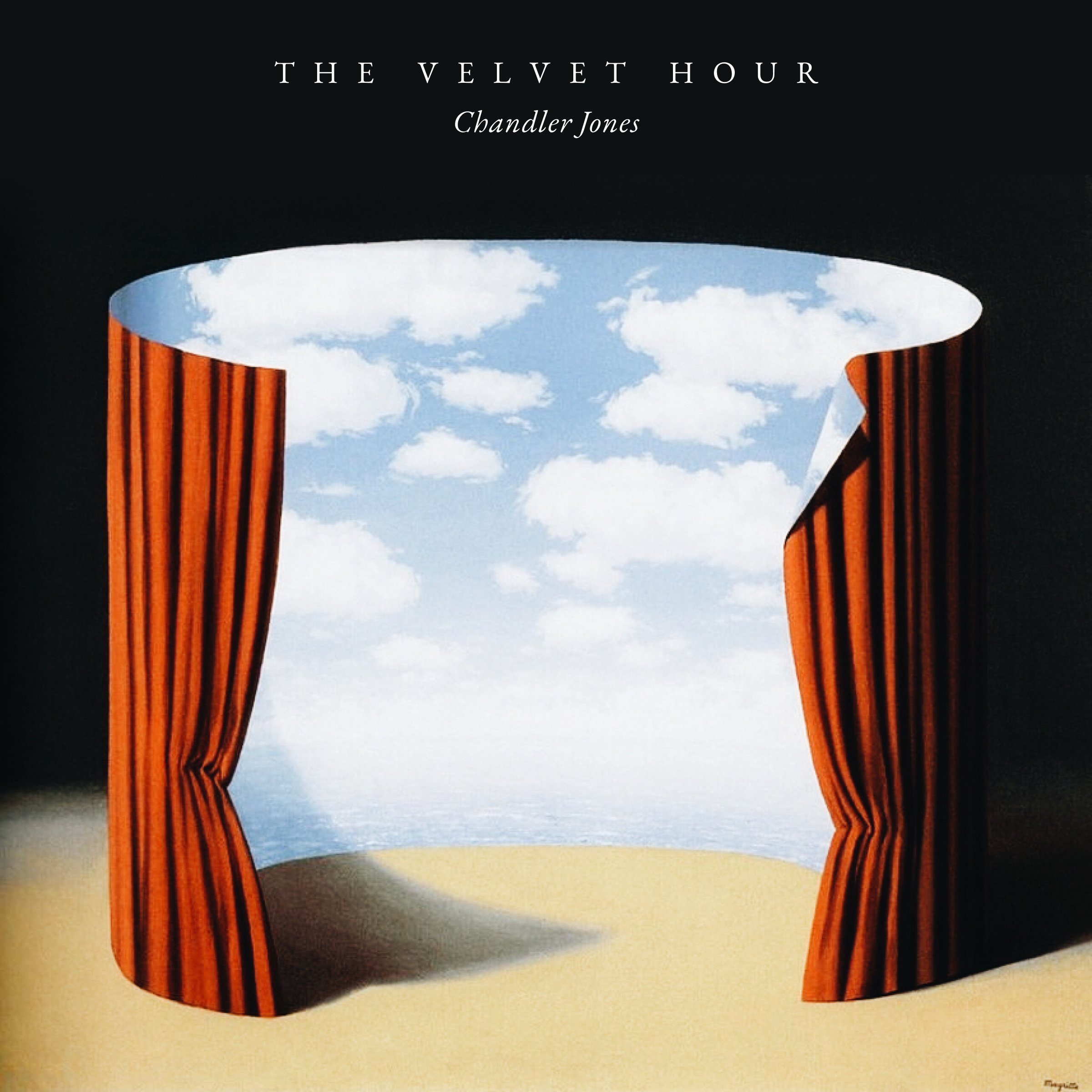 Album cover for The Velvet Hour by Chandler Jones, featuring a stage curtain opening to reveal a blue sky with white clouds