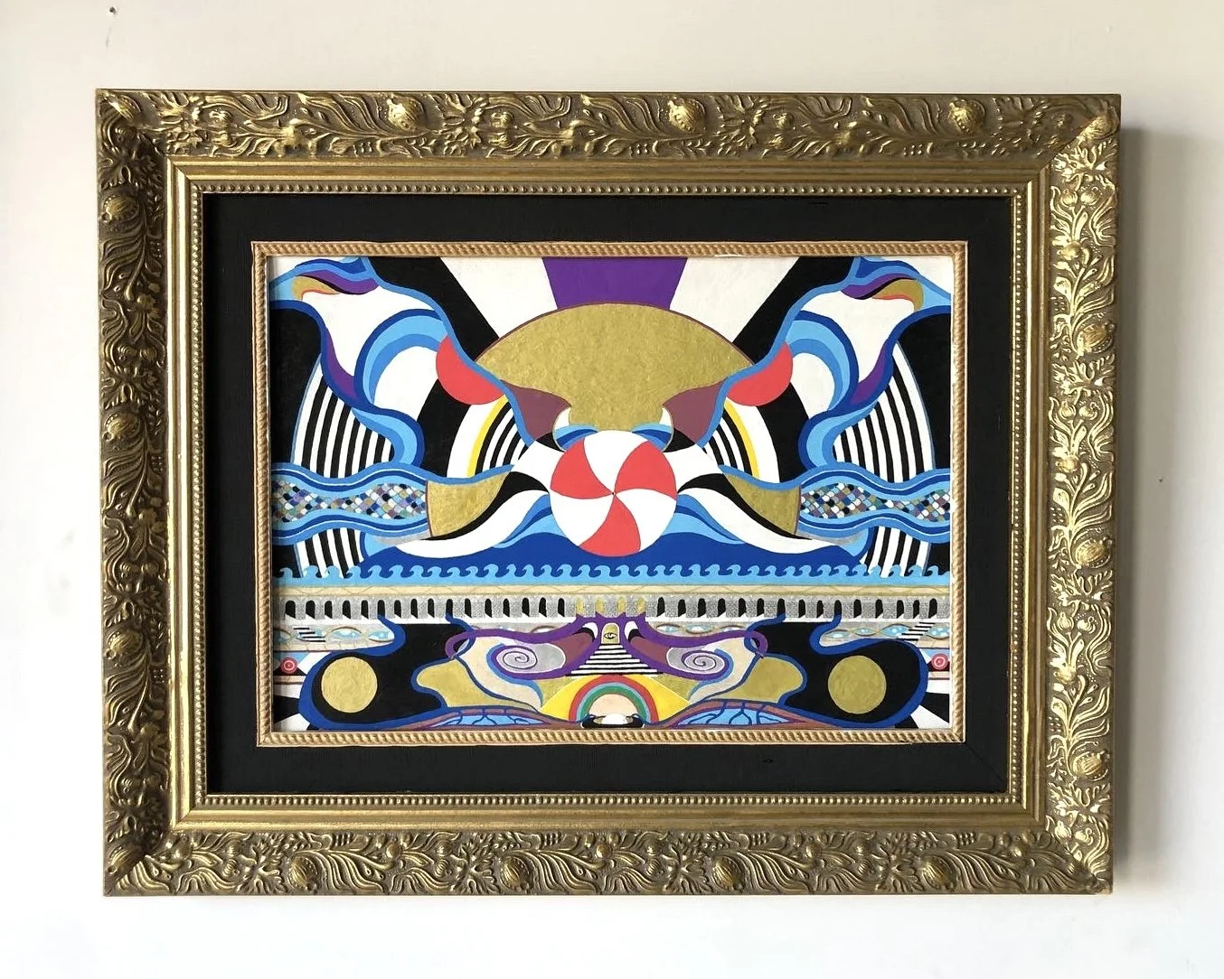 A colorful, abstract painting with symmetrical patterns and shapes, framed with ornate gold and black borders, featuring waves, spirals, and geometric motifs.