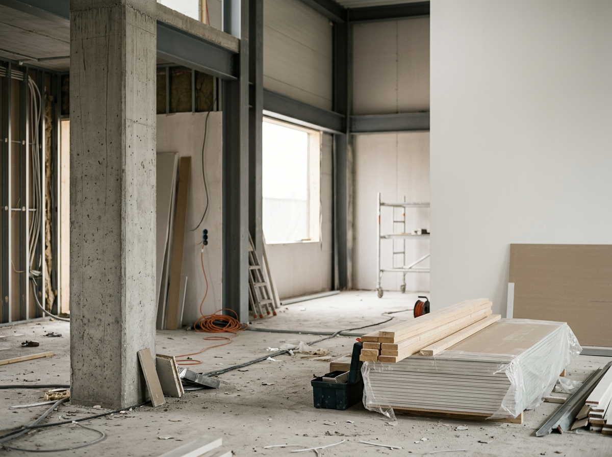 Construction site with building materials, wooden planks, drywall, and scaffolding inside a building under construction.