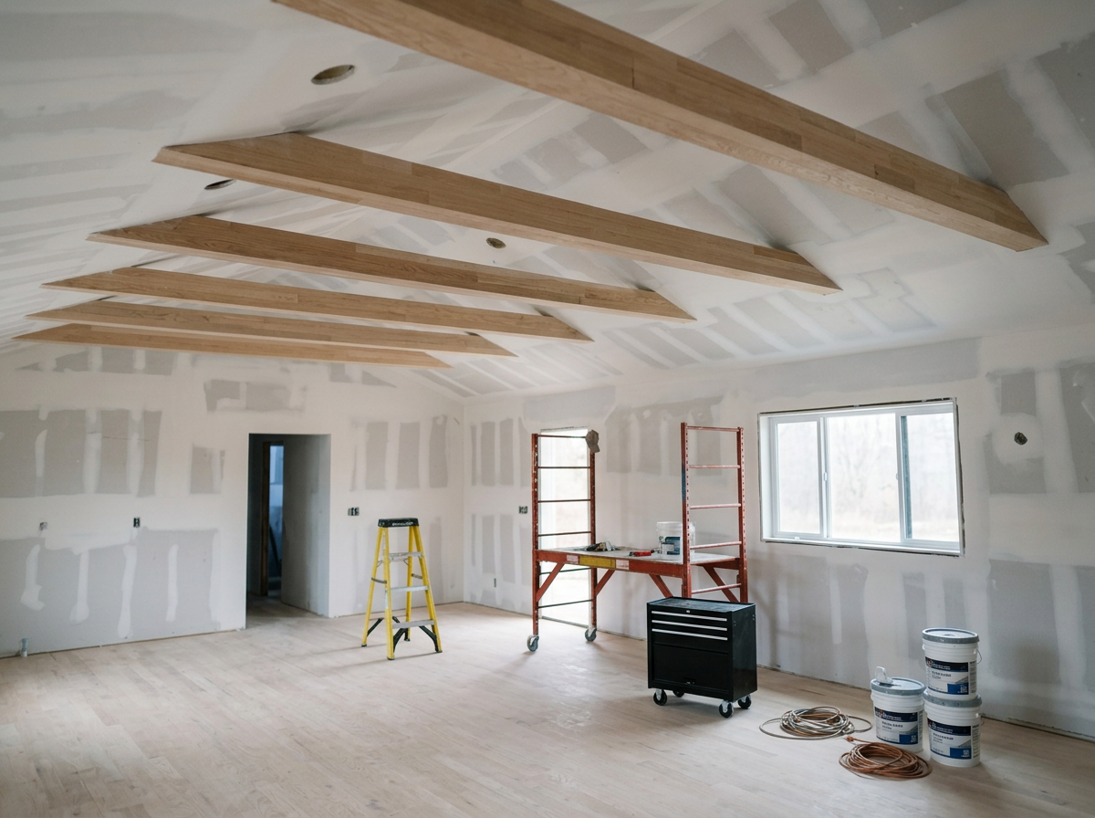 Room under construction with drywall walls and ceiling, wooden beams on ceiling, window, and construction tools and materials on the floor.
