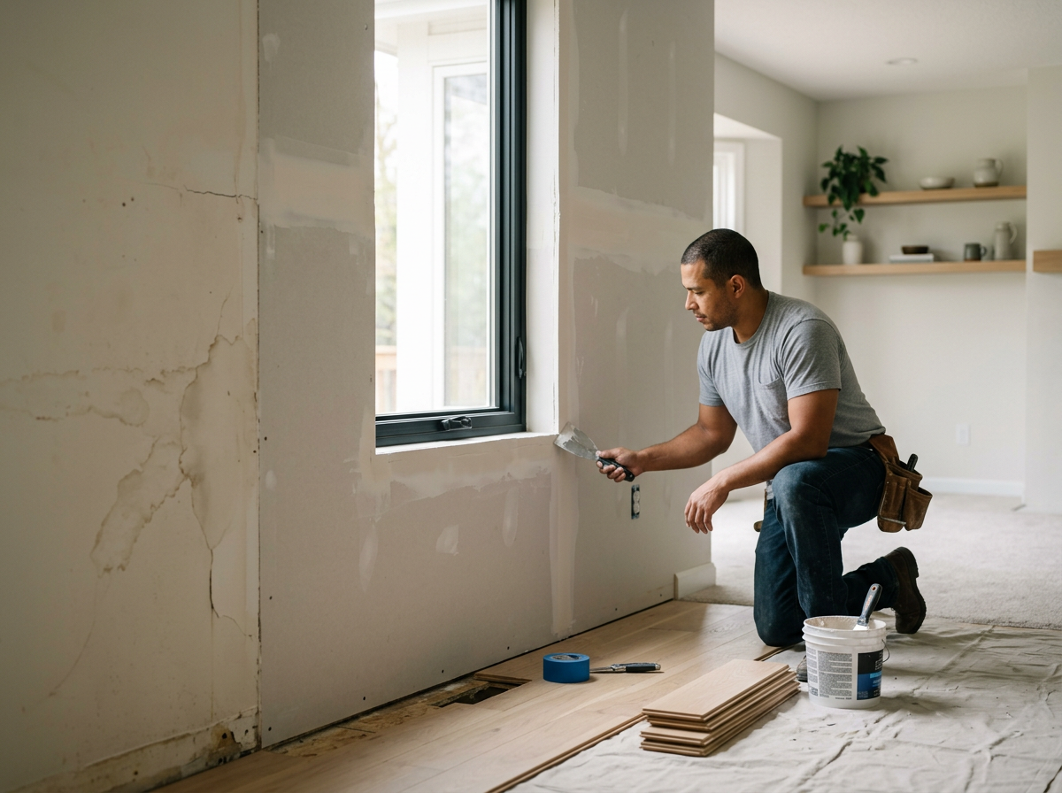 A man kneeling on the floor applying drywall compound around a window in a room under renovation.