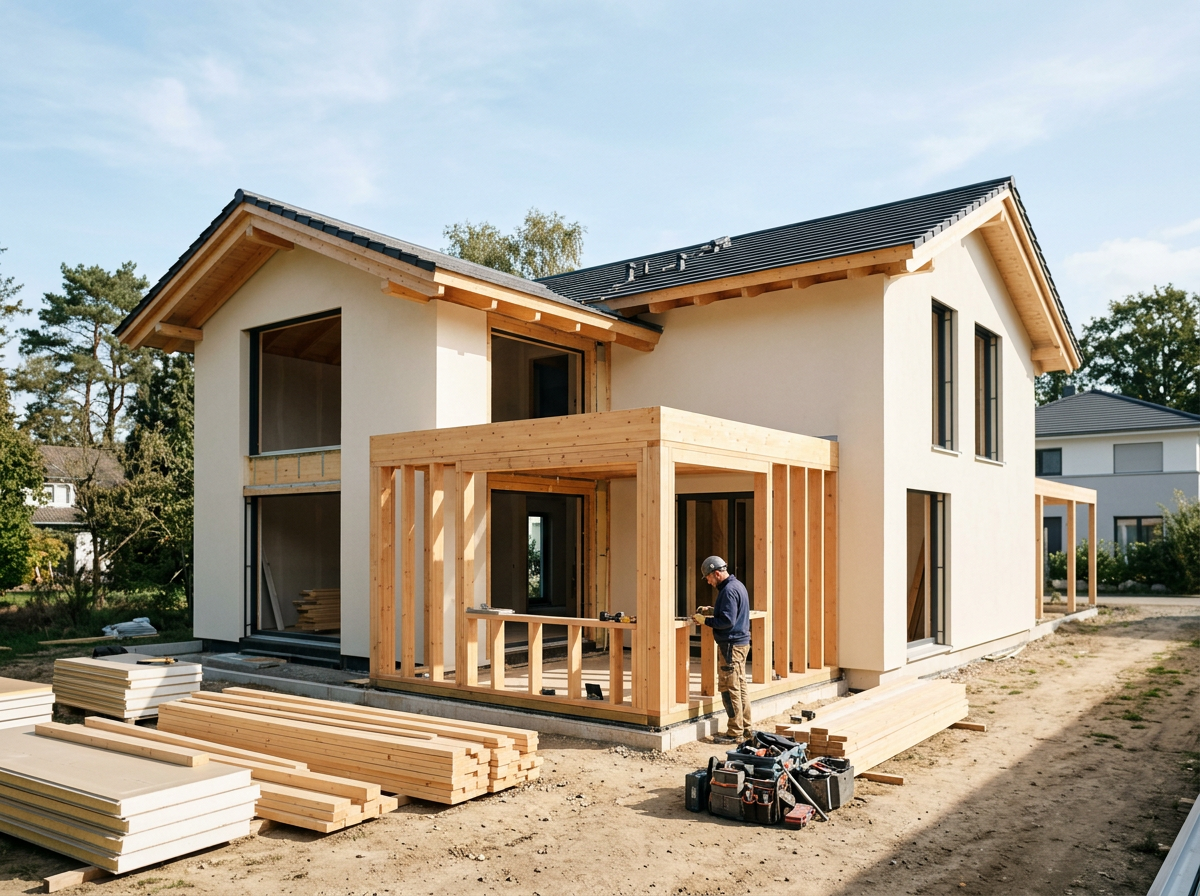 A house under construction with wooden framing in the front and a worker working nearby.
