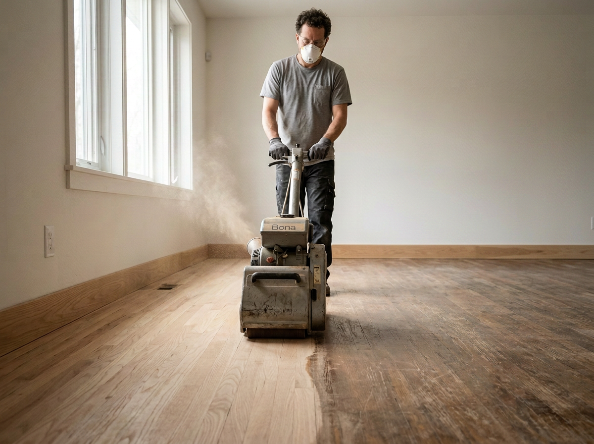 A man wearing a face mask and gloves is sanding a wooden floor with a floor sander in a well-lit room.