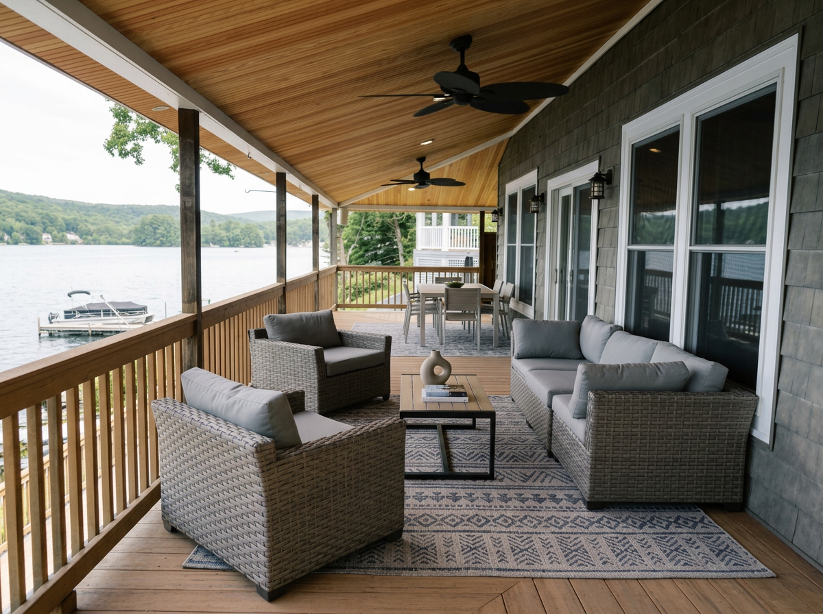 Covered porch with trex decking boards and wooded ceiling across the balcony with new light and ceiling fan with water based finished