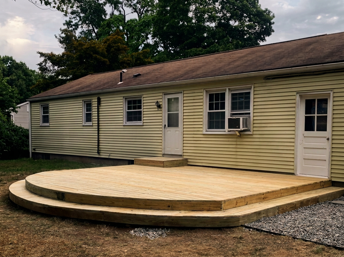 A newly constructed wooden deck attached to the back of a yellow house with a brown shingled roof, surrounded by green trees.