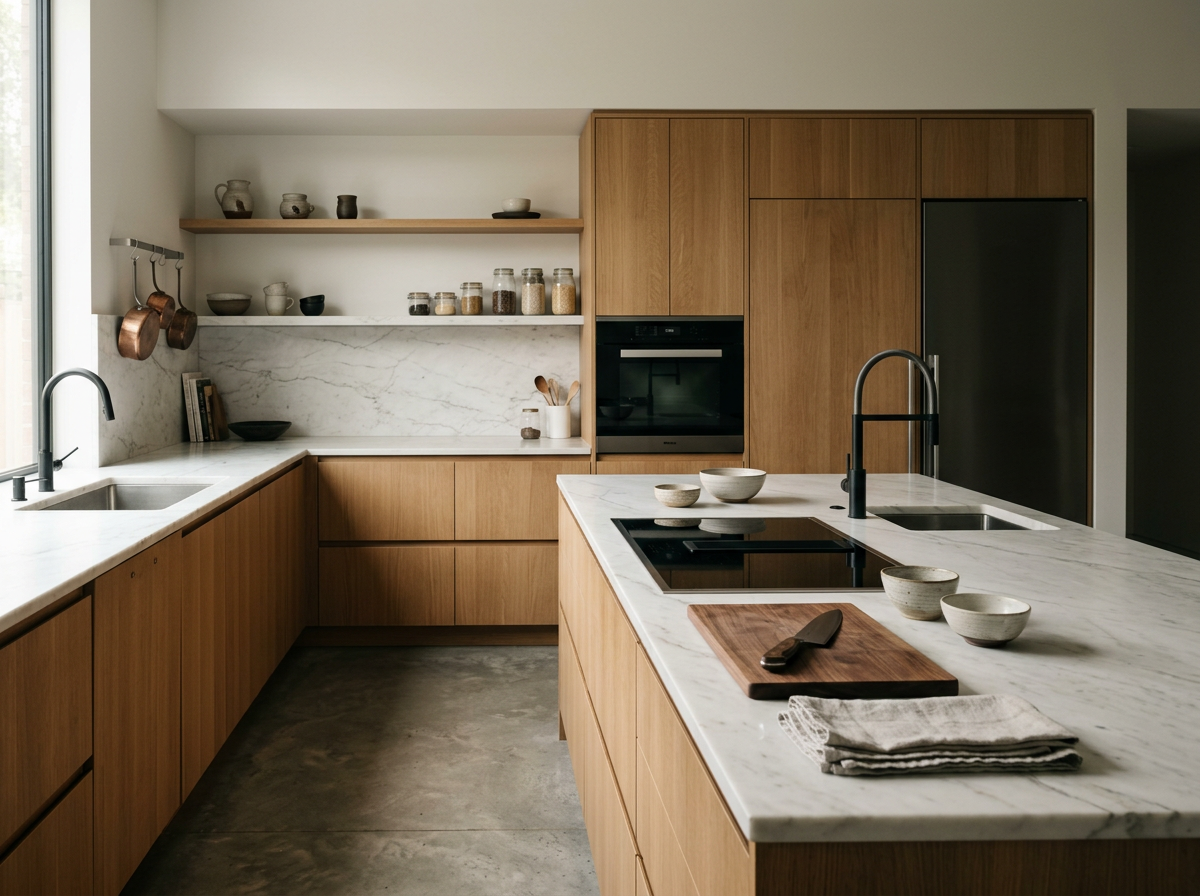 Modern kitchen with wooden cabinets, marble countertops, open shelves with jars and ceramics, black appliances, and a window providing natural light.