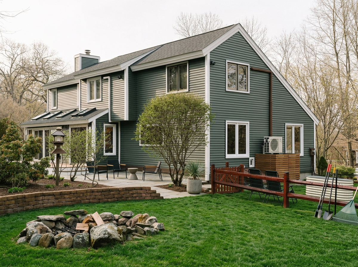 Two-story house with blue siding and white trim, front yard with green grass, trees, and garden bed, outdoor seating area, and gardening tools.