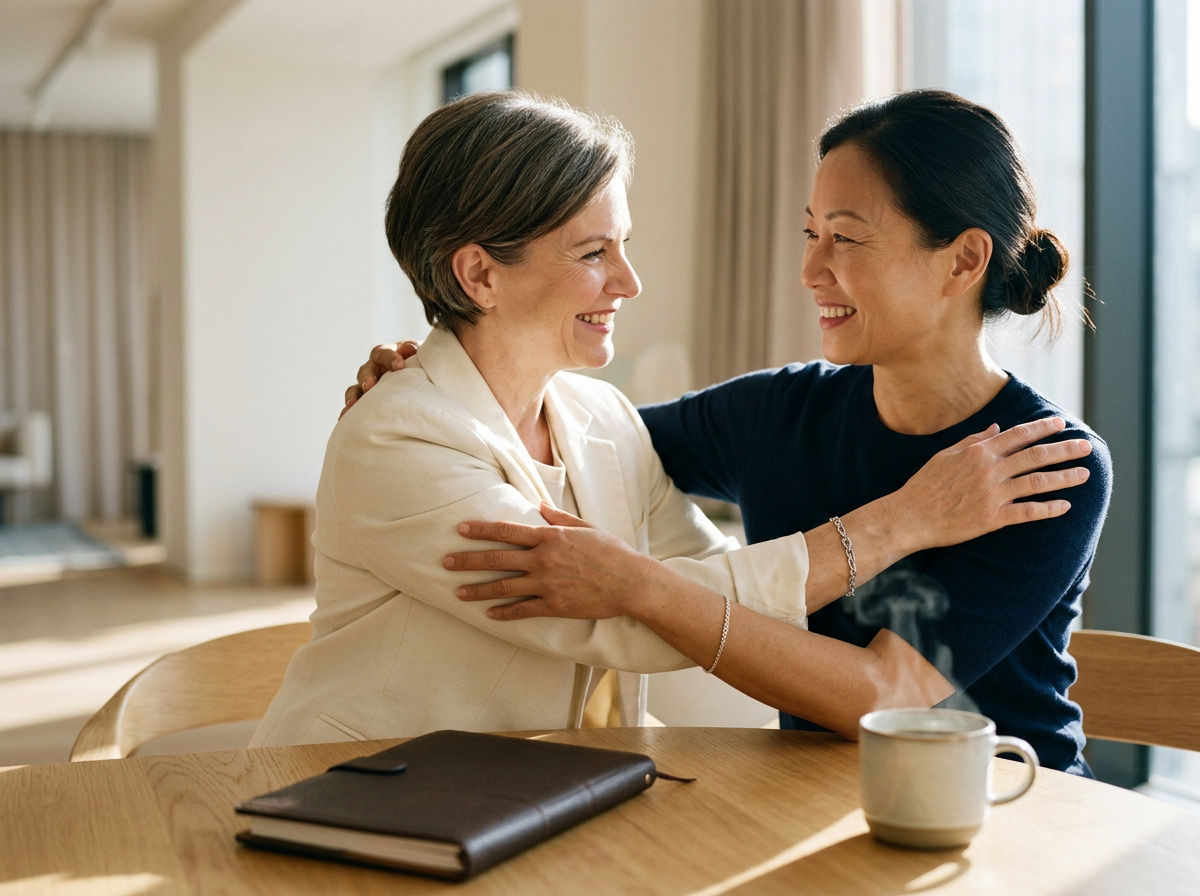 Two women sitting at a table, smiling, hugging, and sharing a warm moment in a sunlit room with a mug and a notebook on the table.