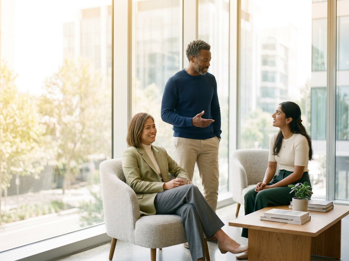 Three people having a conversation in a modern office with large windows, two women sitting on beige chairs and a man standing, smiling and gesturing.