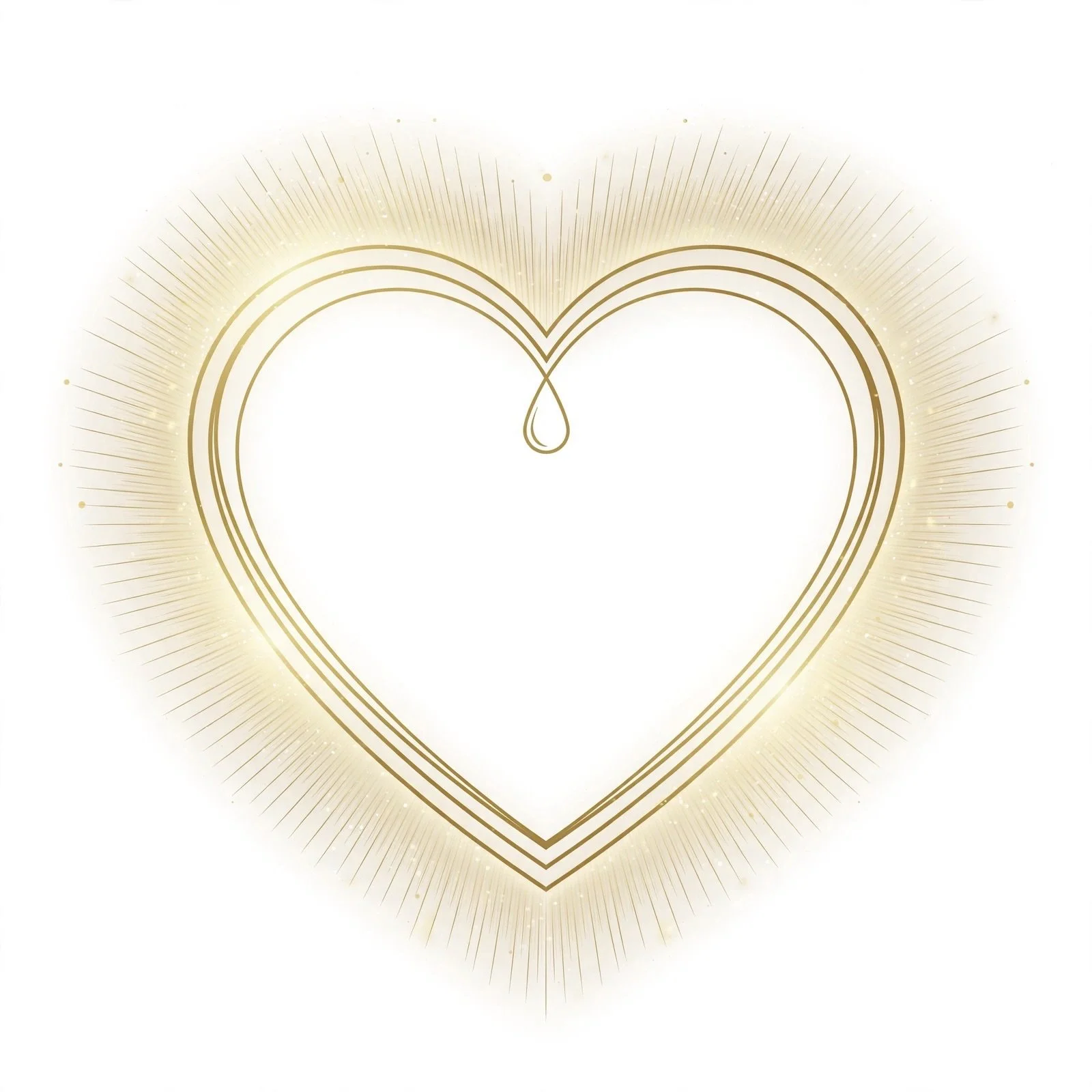 A heart shape outlined with gold lines, with a droplet at the top center, surrounded by radiant golden rays on a white background.