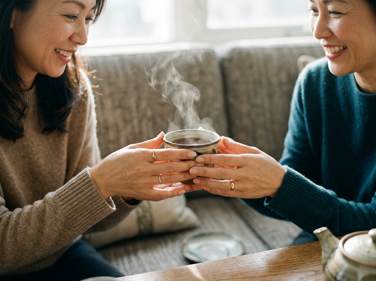 Two women smiling and holding a steaming cup of tea or coffee together in a cozy setting.