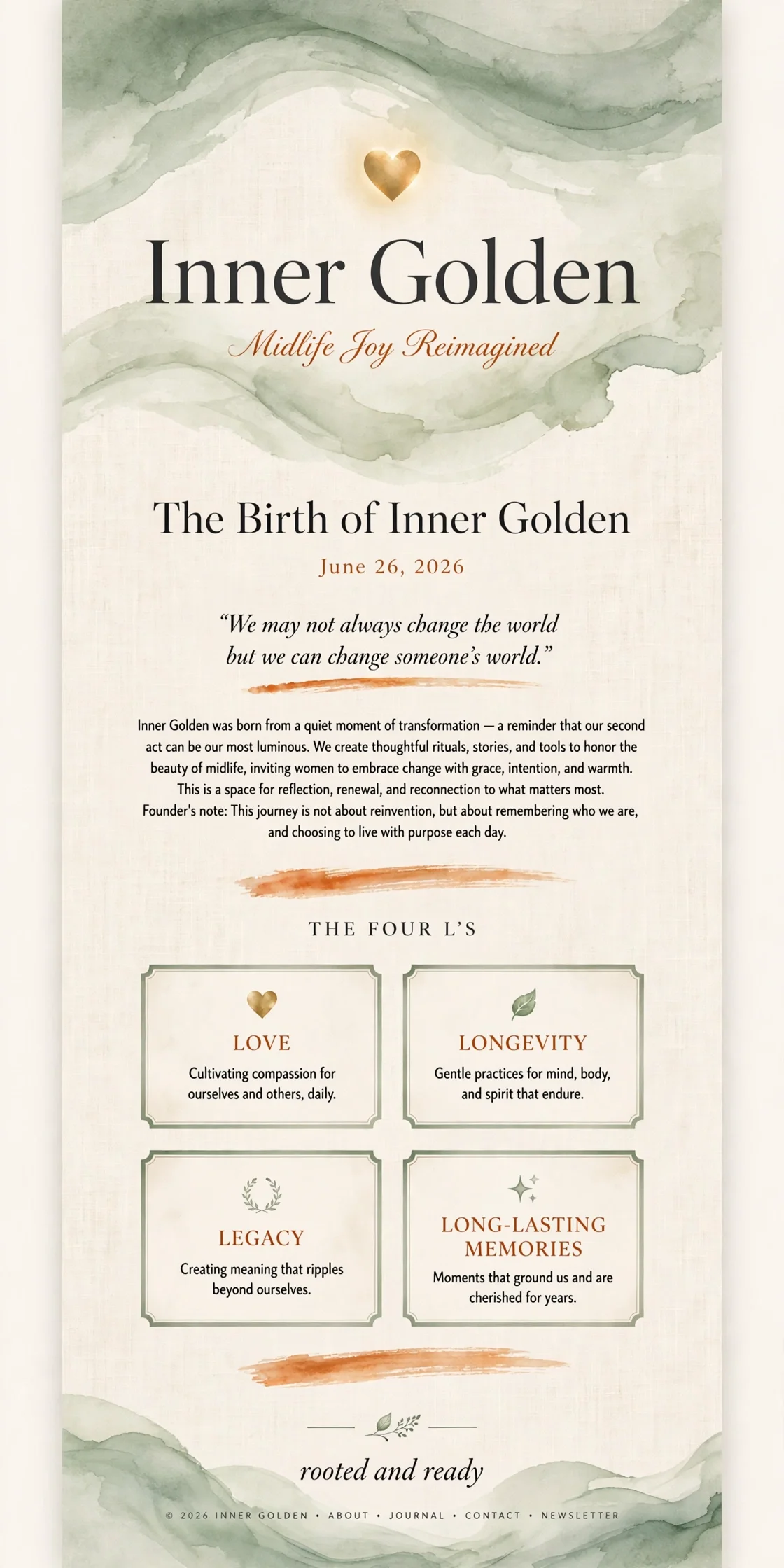 A promotional flyer for Inner Golden, a midlife empowerment program, featuring a watercolor background with gold heart accents, and describing the program's focus on love, longevity, legacy, and long-lasting memories, with a release date of June 26, 2026.