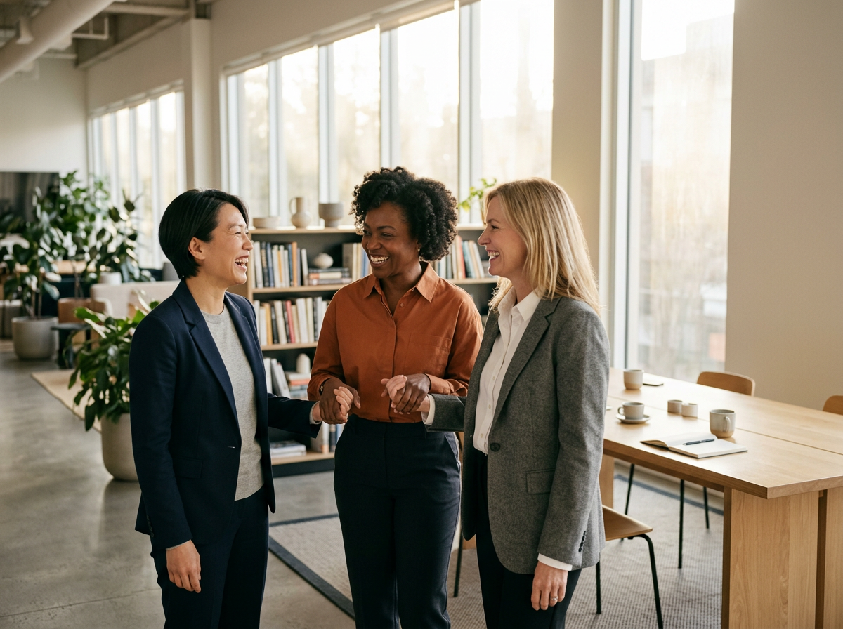 Three women smiling and engaging in a handshake or fist bump in a well-lit office with large windows, bookshelves, and a wooden table with coffee cups and notebooks.